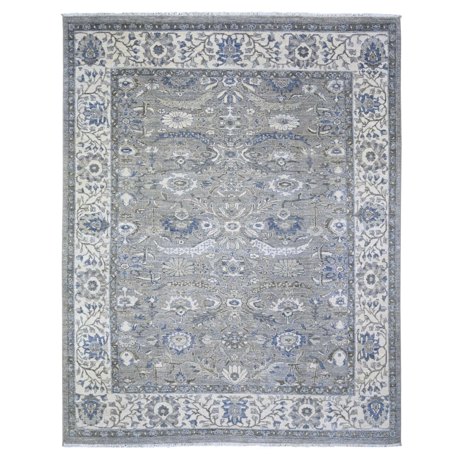 7'10"x9'9" Electric Gray and Delicate White, Heriz All Over Design with Serrated Leaf Pattern, Pure Wool, Hand Knotted, Oriental Rug HR74679