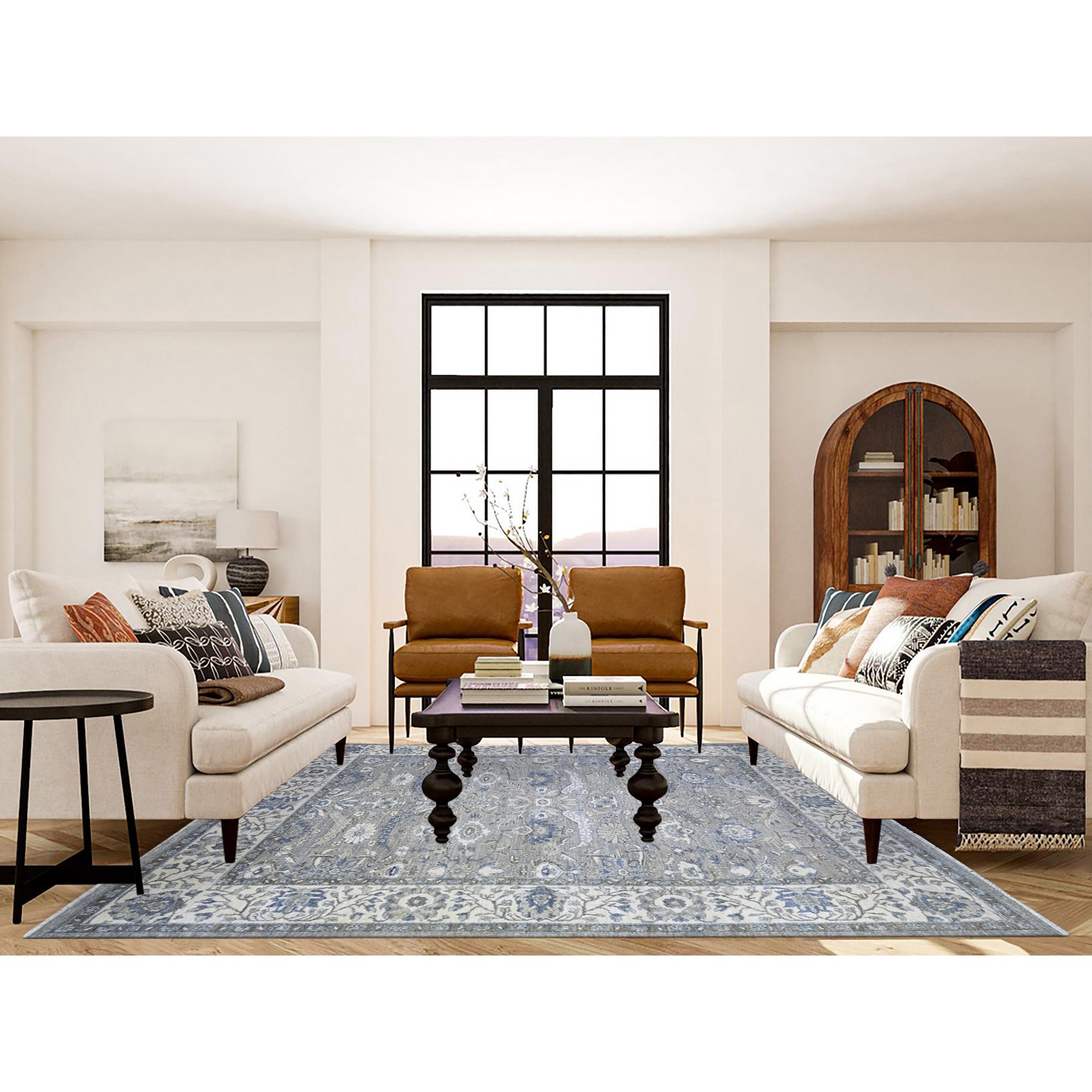 7'10"x9'9" Electric Gray and Delicate White, Heriz All Over Design with Serrated Leaf Pattern, Pure Wool, Hand Knotted, Oriental Rug HR74679 - Image 2