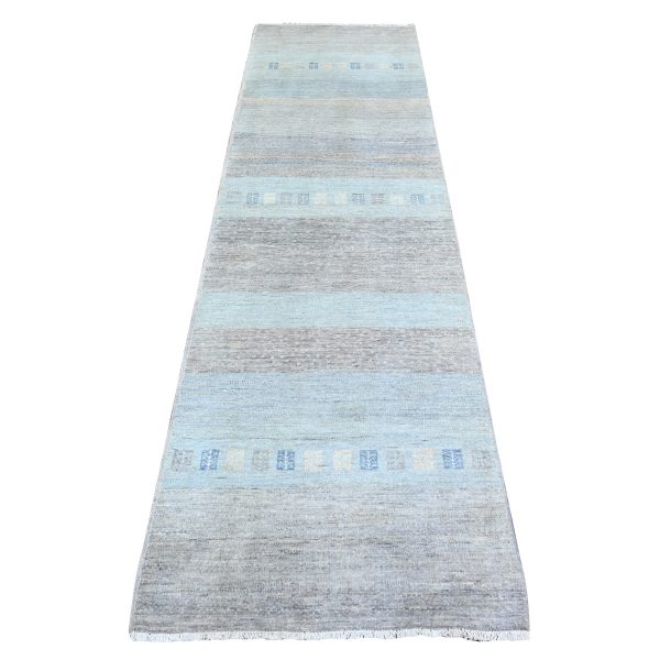 2'8"x9'5" Pastel Gray, Fine Kashkuli Gabbeh, Hand Knotted, Soft and Shiny Wool, Natural Dyes, Runner Oriental Rug HR74688