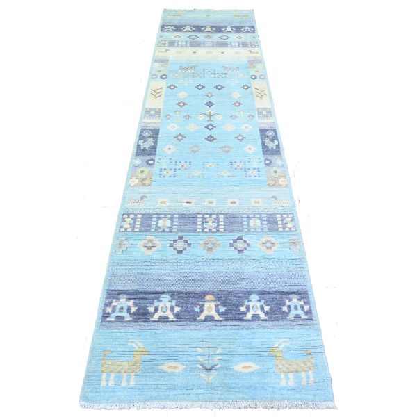 2'8"x11' Arctic Blue, Kashkuli Gabbeh Design Natural Dyes, Fine Weave Pure Wool Hand Knotted, Runner Oriental Rug HR74690
