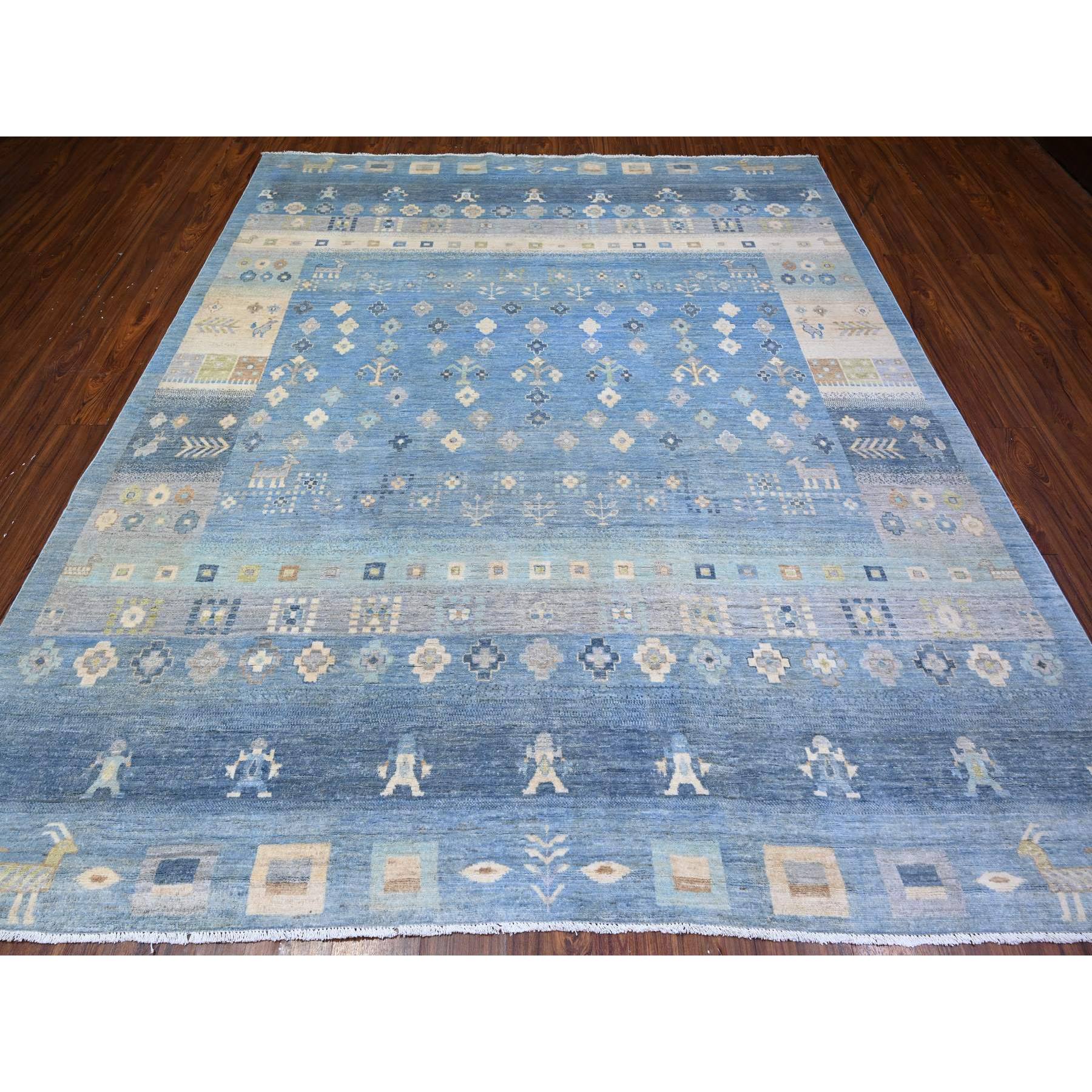 8'2"x9'7" Queen Blue, Fine Kashkuli Gabbeh with Small Animals and Human Figurines, Pure Wool, Natural Dyes, Hand Knotted, Oriental Rug HR74691 - Image 3