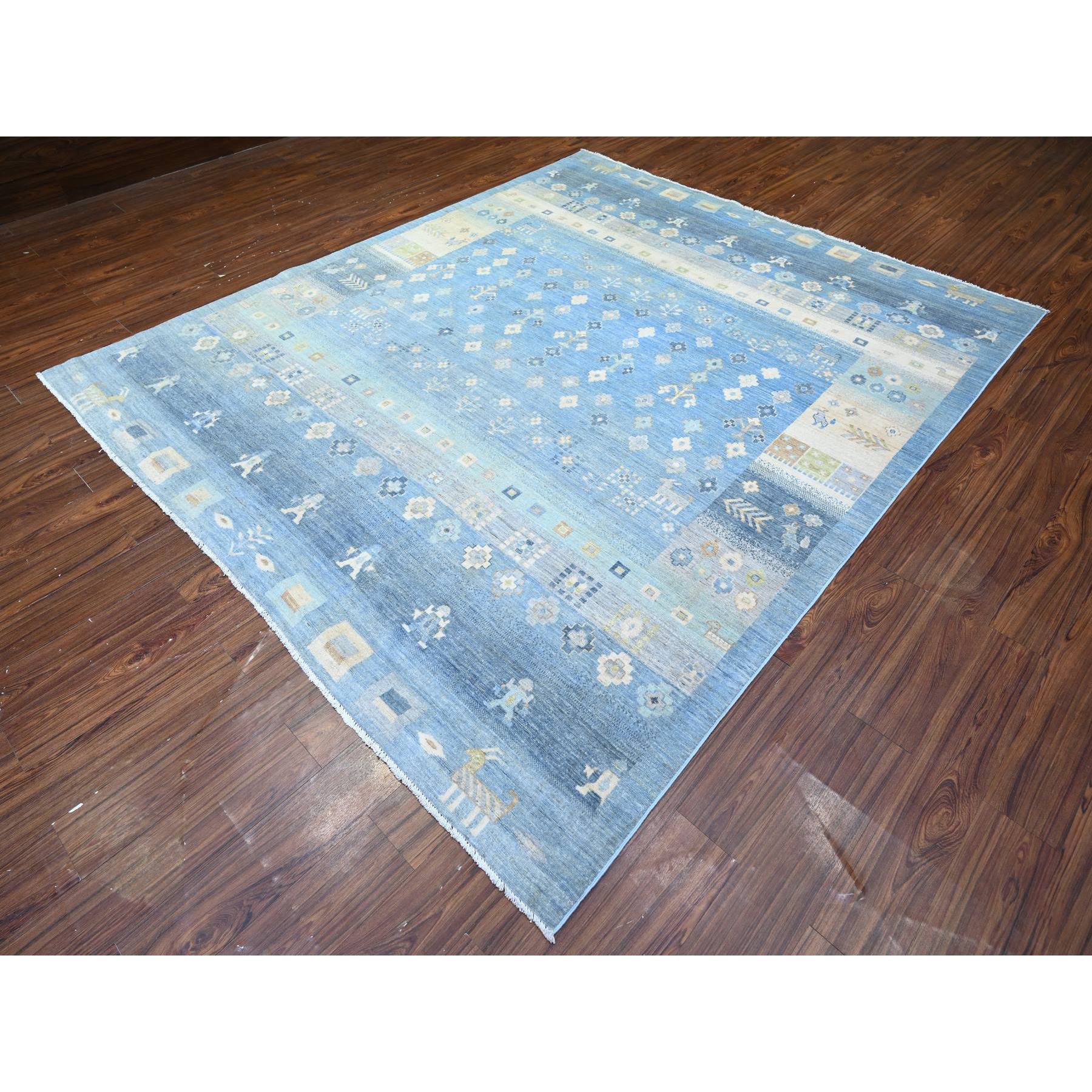 8'2"x9'7" Queen Blue, Fine Kashkuli Gabbeh with Small Animals and Human Figurines, Pure Wool, Natural Dyes, Hand Knotted, Oriental Rug HR74691 - Image 4
