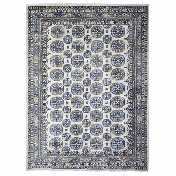 9'1"x12' Porcelain Ivory, Afghan Ersari with Elephant Feet Design, Hand Knotted, Natural Dyes, Natural Wool, Oriental Rug HR74761