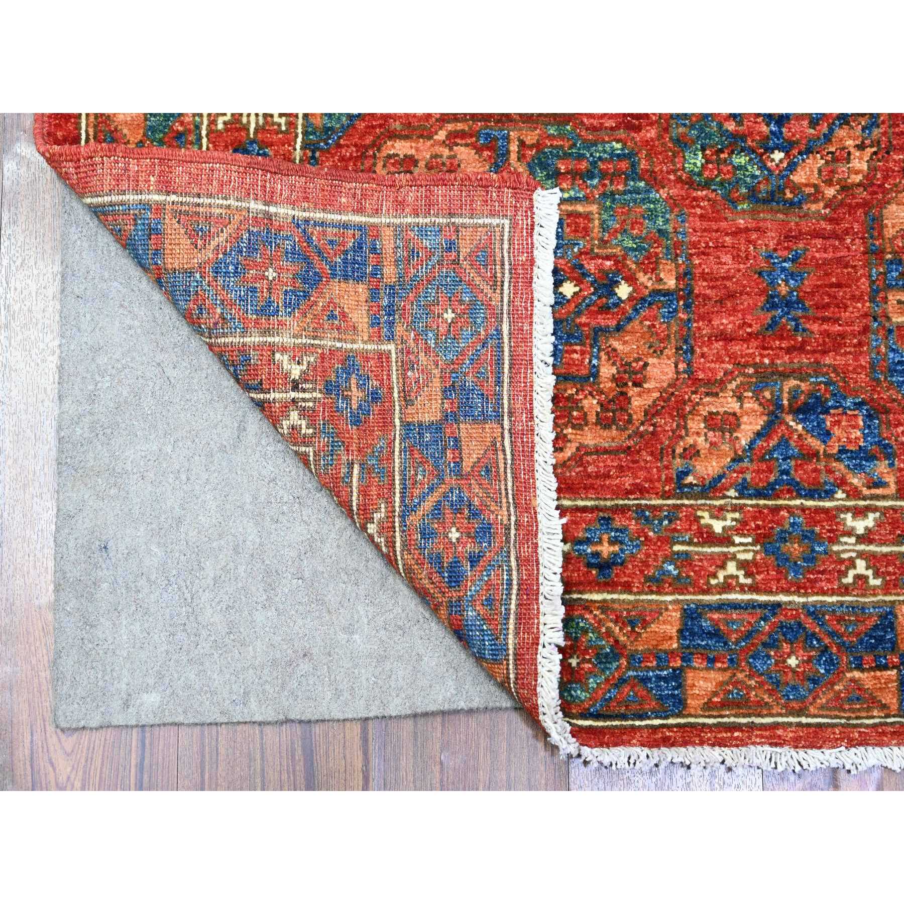 4'x9'6" Angels Red, Organic Wool, Afghan Ersari with Elephant Feet Design, Vegetable Dyes, Hand Knotted, Wide Runner Oriental Rug HR74771 - Image 2