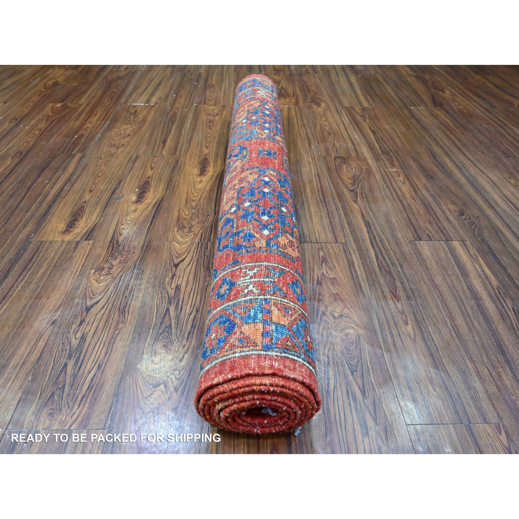 4'x9'6" Angels Red, Organic Wool, Afghan Ersari with Elephant Feet Design, Vegetable Dyes, Hand Knotted, Wide Runner Oriental Rug HR74771 - Image 4