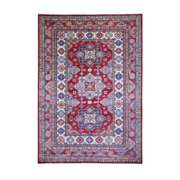 7'x10' Upsdell Red with Vista White, Hand Knotted, Afghan Super Kazak with Tribal Medallion Design, Natural Dyes, Soft Wool, Oriental Rug HR74823