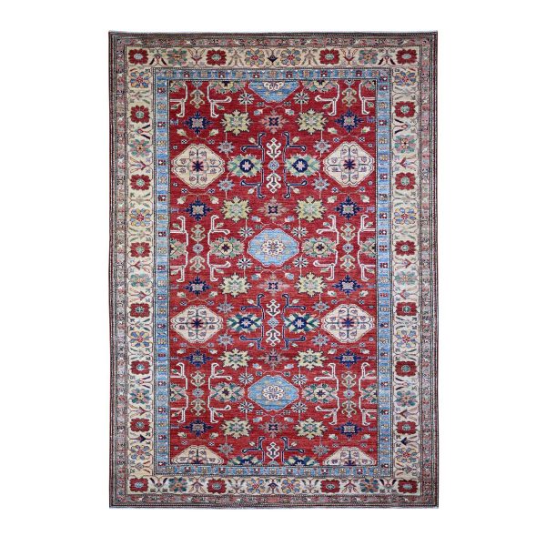 6'8"x9'10" Sanguine Red, Afghan Super Kazak with Geometric Gul Motifs, Vegetable Dyes, Extra Soft Wool Hand Knotted, Oriental Rug HR74824