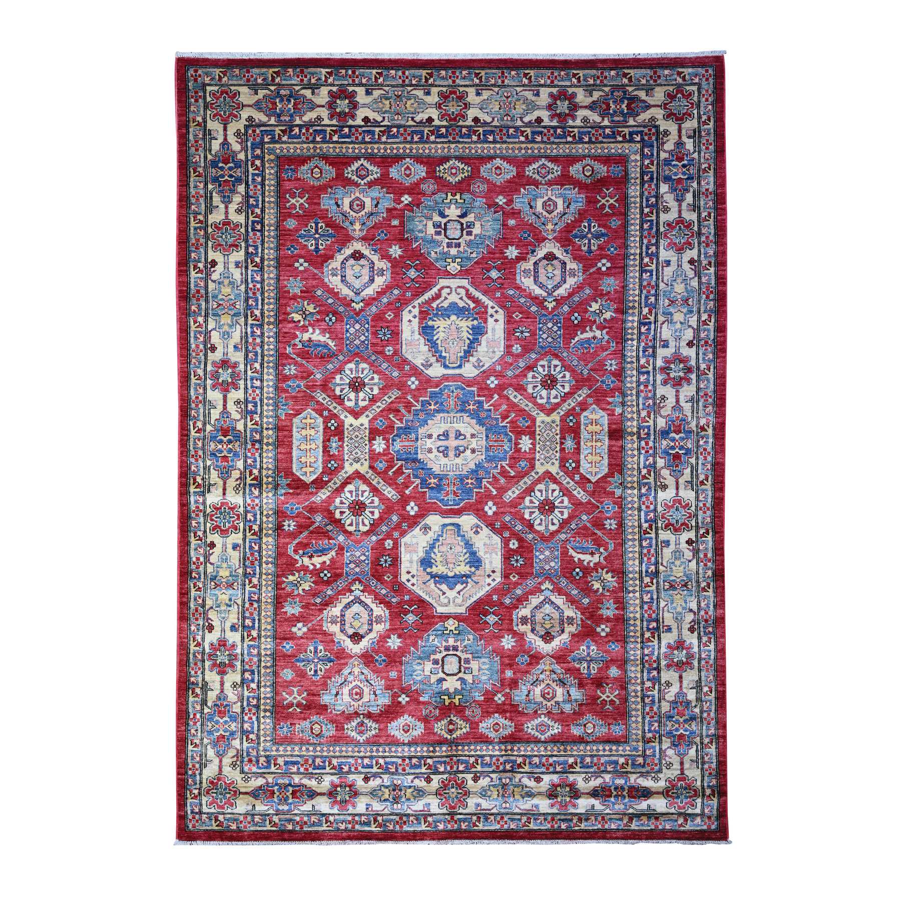 6'9"x9'9" Rufous Red, Vegetable Dyes, 100% Wool, Afghan Super Kazak with Geometric Elements, Hand Knotted, Oriental Rug HR74826