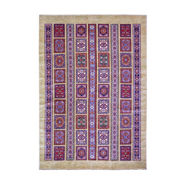 6'x8'6" Camel Brown, Vegetable Dyes, 100% Wool, Afghan Super Kazak with Geometrical Garden Design, Hand Knotted, Oriental Rug HR74833