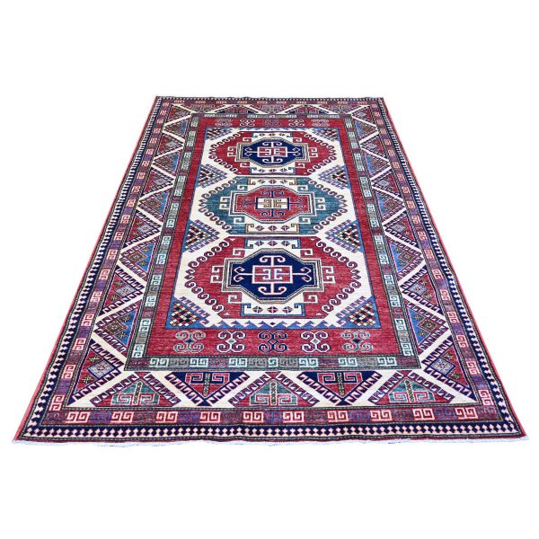 5'9"x8' Delicate White, Afghan Super Kazak Bordjalou Design, Vegetable Dyes, 100% Wool, Hand Knotted, Oriental Rug HR74839