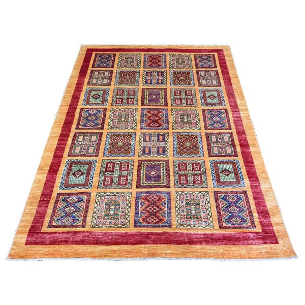 4'10"x6'3" Ochre Brown, Vegetable Dyes, Natural Wool, Afghan Super Kazak with Geometrical Garden Design, Hand Knotted, Oriental Rug HR74841