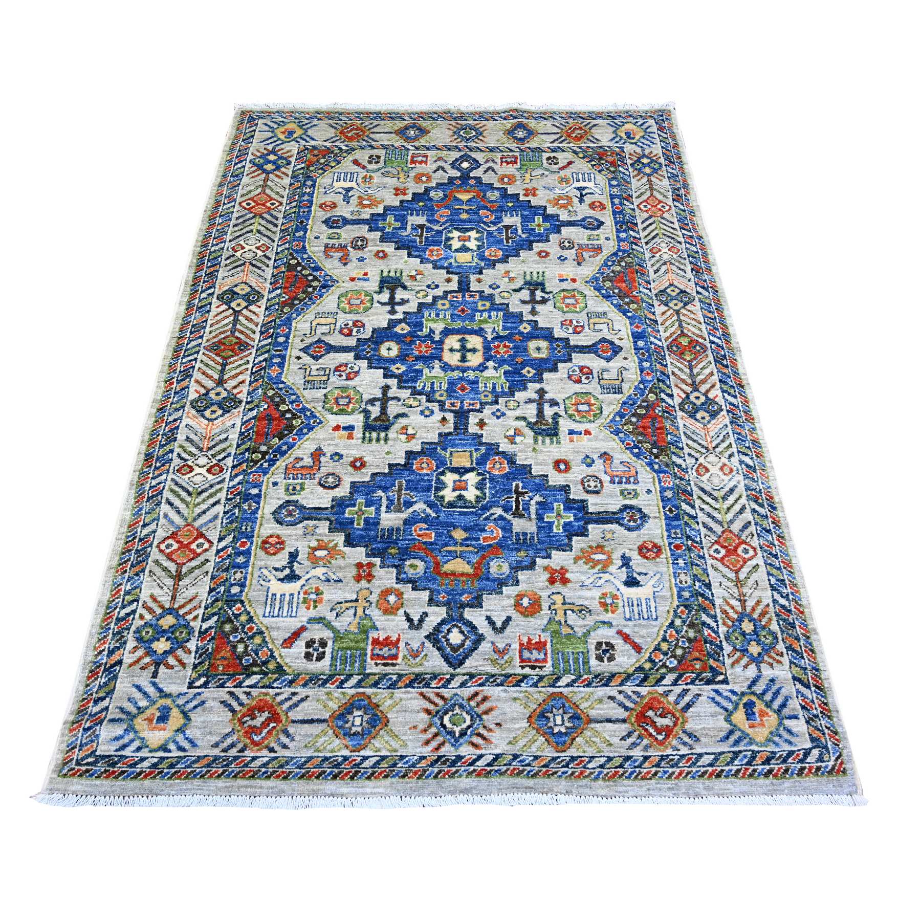 4'1"x6'2" Platinum Gray, Afghan Vegetable Dyes Handspun Wool with Antique Shiraz Design, Geometric Medallion, Small Animal and Human Figurines, Hand Knotted, Oriental Rug HR74854