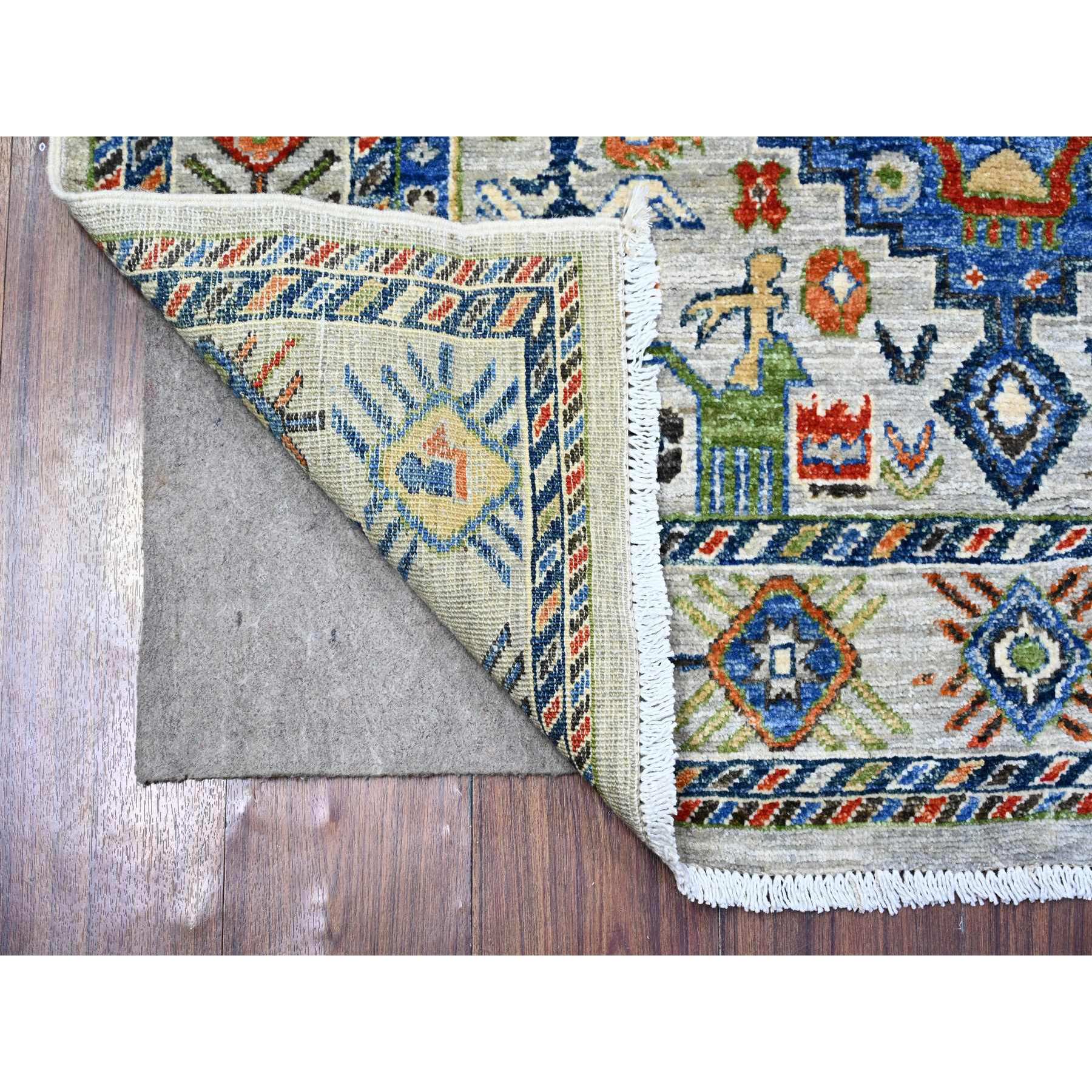 4'1"x6'2" Platinum Gray, Afghan Vegetable Dyes Handspun Wool with Antique Shiraz Design, Geometric Medallion, Small Animal and Human Figurines, Hand Knotted, Oriental Rug HR74854 - Image 2