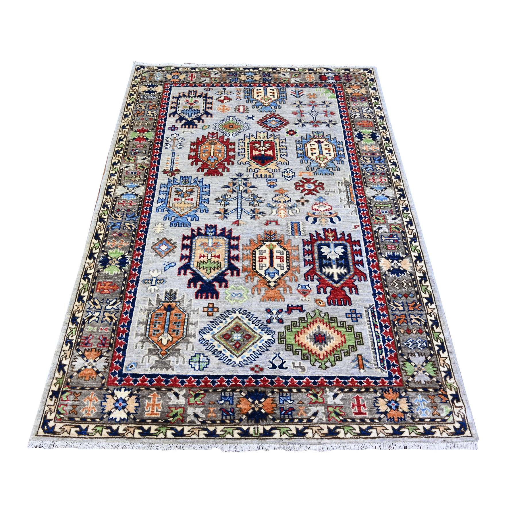 4'x6' Chrome Gray, Hand Knotted, 100% Wool, Natural Dyes, Dense Weave, Afghan Ersari with Geometric Gul Motifs, Oriental Rug HR74858