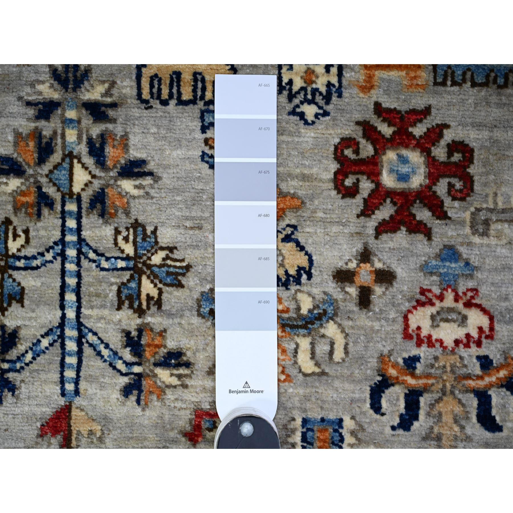 4'x6' Chrome Gray, Hand Knotted, 100% Wool, Natural Dyes, Dense Weave, Afghan Ersari with Geometric Gul Motifs, Oriental Rug HR74858 - Image 3