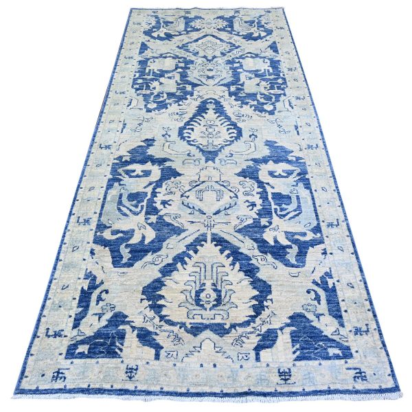 4'2"x9'7" Astros Navy Blue, Dense Weave, Finer Peshawar Extra Soft Wool with Karajeh Design, Vegetable Dyes, Hand Knotted, Wide Runner Oriental Rug HR74902