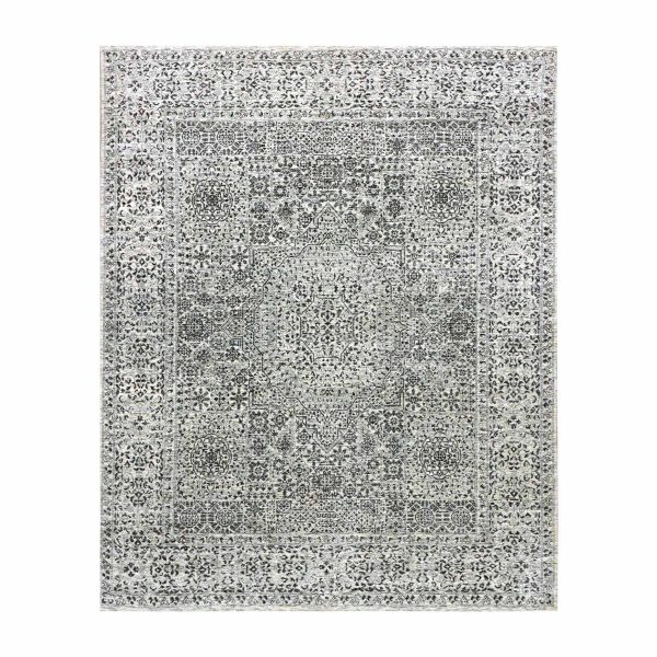 8'x9'10" Ghost White, Tone on Tone Design, Undyed 100% Wool, Hand Knotted, Mamluk Dynasty, Oriental Rug HR79471