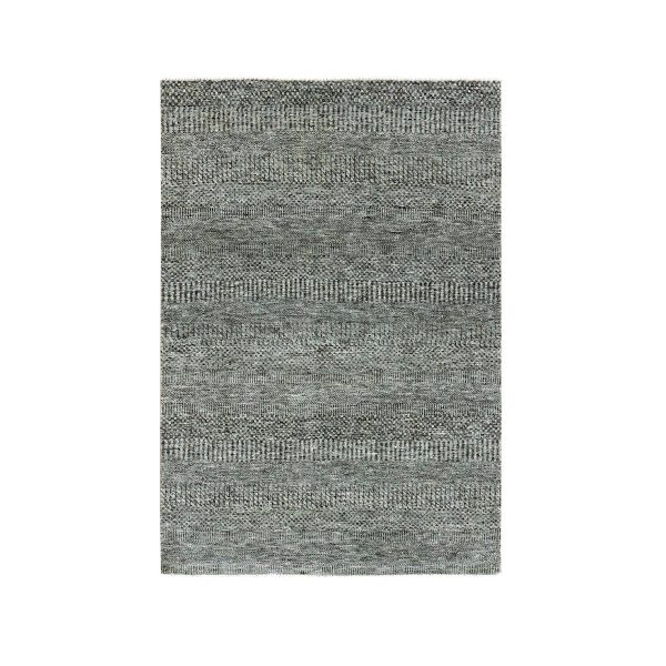4'2"x6' Medium Gray, Modern Grass Design, Natural Undyed Wool, Hand Knotted, Oriental Rug HR79479
