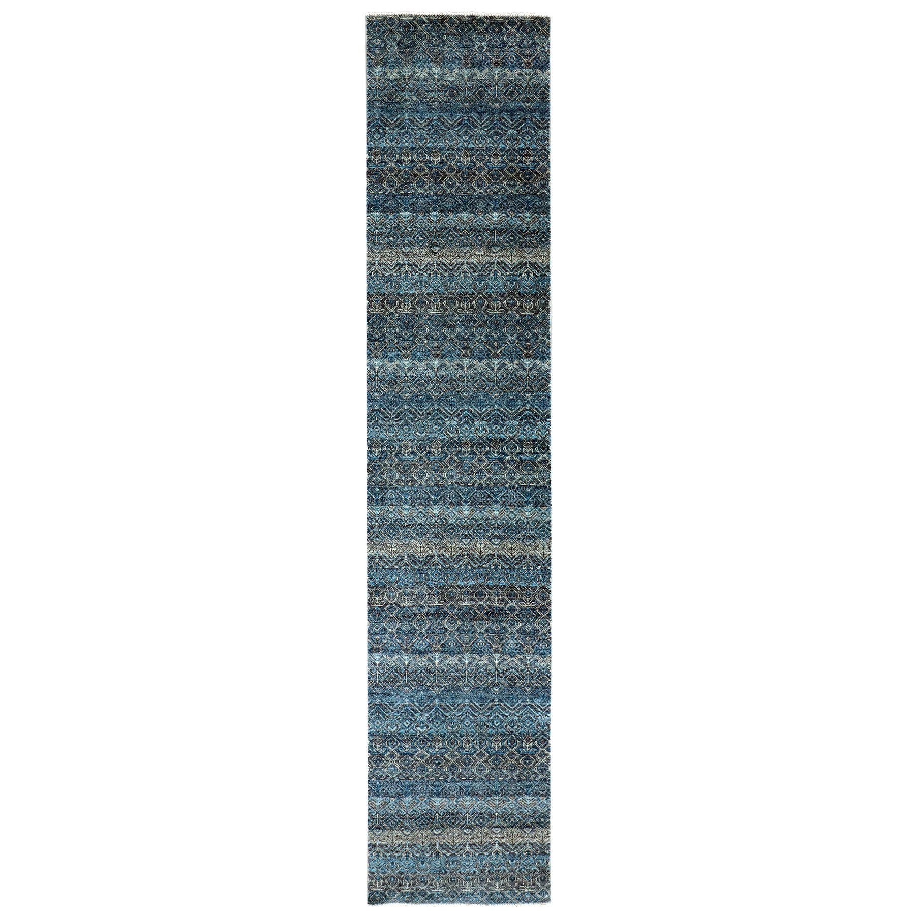 2'5"x12' Yale Blue, Kohinoor Herat Small Geometric Repetitive Design, 100% Plush Wool, Hand Knotted, Runner Oriental Rug HR79499