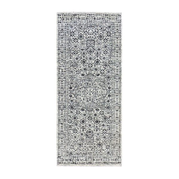 2'7"x6' Ghost White, Mamluk Dynasty, Tone on Tone Design, Undyed 100% Wool, Hand Knotted, Runner Oriental Rug HR79502