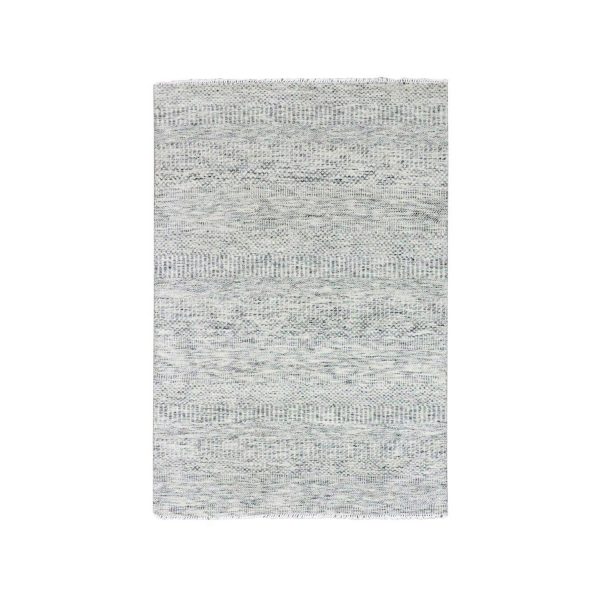 4'x6'4" Platinum Gray, Pure Undyed Wool, Hand Knotted, Tone on Tone, Modern Grass Design, Oriental RugHR79523