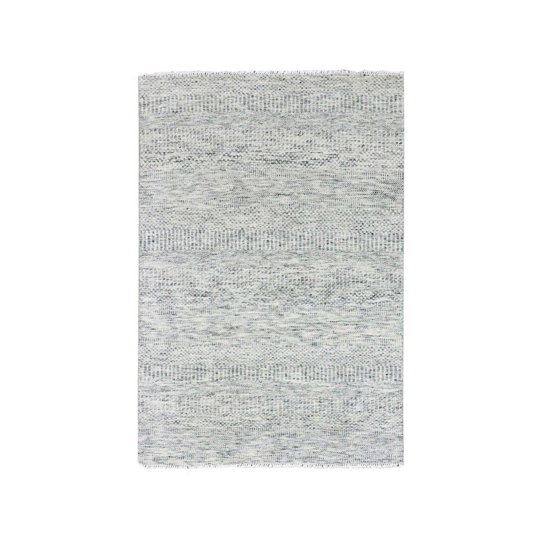 4'x6'4" Platinum Gray, Pure Undyed Wool, Hand Knotted, Tone on Tone, Modern Grass Design, Oriental RugHR79523