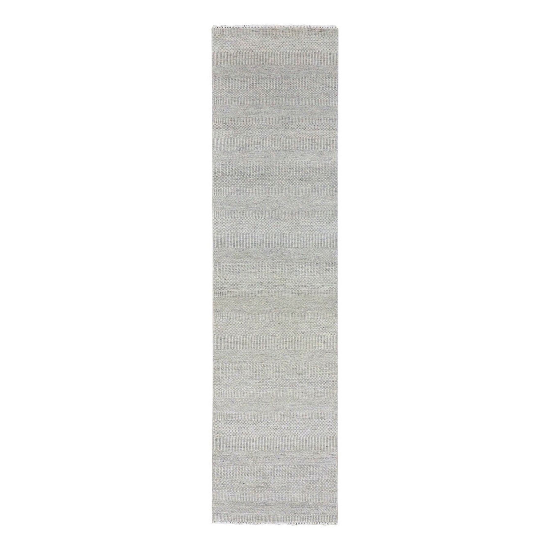 2'6"x10'2" Gainsboro Gray, 100% Undyed Wool, Hand Knotted, Tone on Tone, Modern Grass Design, Runner Oriental Rug HR79545