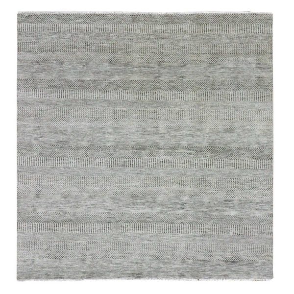 8'x8' Silver Gray, Modern Grass Design, Tone on Tone, Undyed 100% Wool, Hand Knotted, Square Oriental Rug HR79559