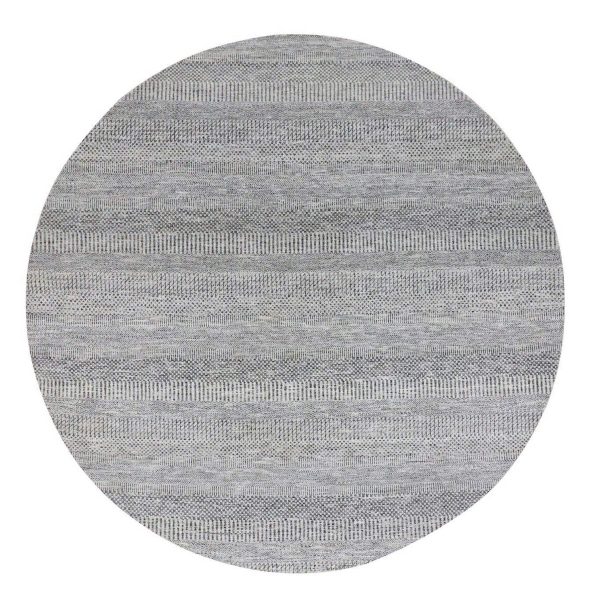 8'x8' Bright Gray, Hand Knotted, Tone on Tone, Grass Design, Round Pure Undyed Wool Oriental Rug HR79564