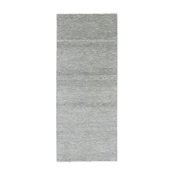 4'1"x12'1" Gentle Gray, Modern Tone on Tone Grass Design, Hand Knotted, Undyed Organic Wool, Runner Oriental Rug HR79568