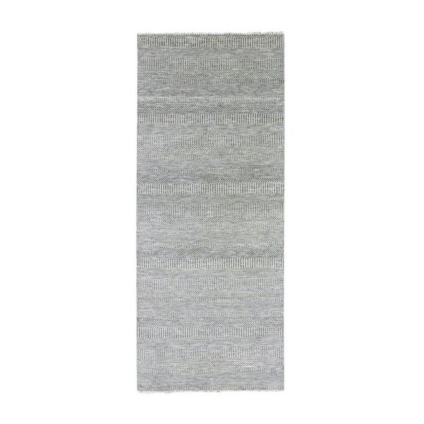 4'1"x12'1" Metallic Gray, Pure Undyed Wool, Tone on Tone, Modern Grass Design, Hand Knotted, Wide Runner Oriental Rug HR79569