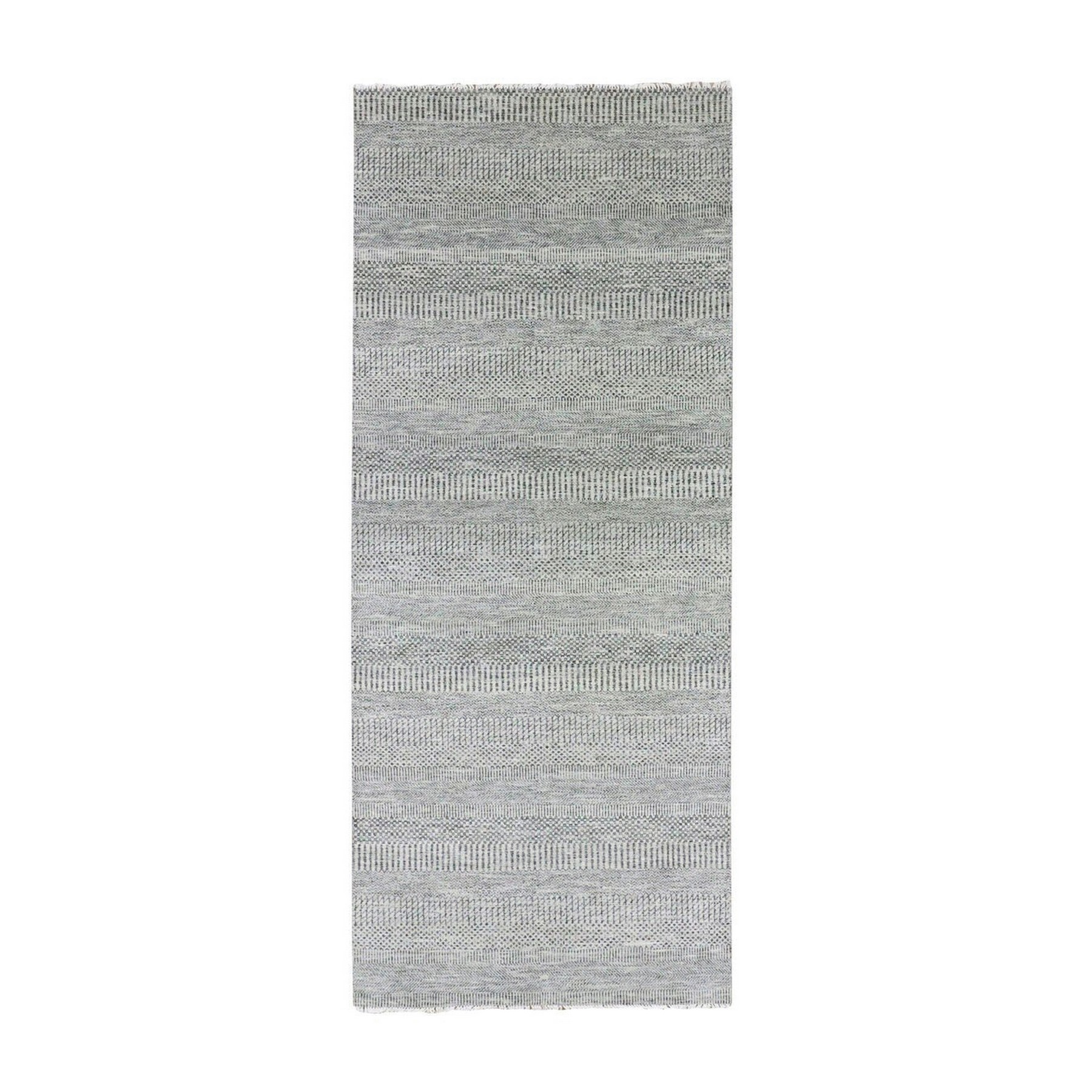 4'1"x12'1" Metallic Gray, Pure Undyed Wool, Tone on Tone, Modern Grass Design, Hand Knotted, Wide Runner Oriental Rug HR79569