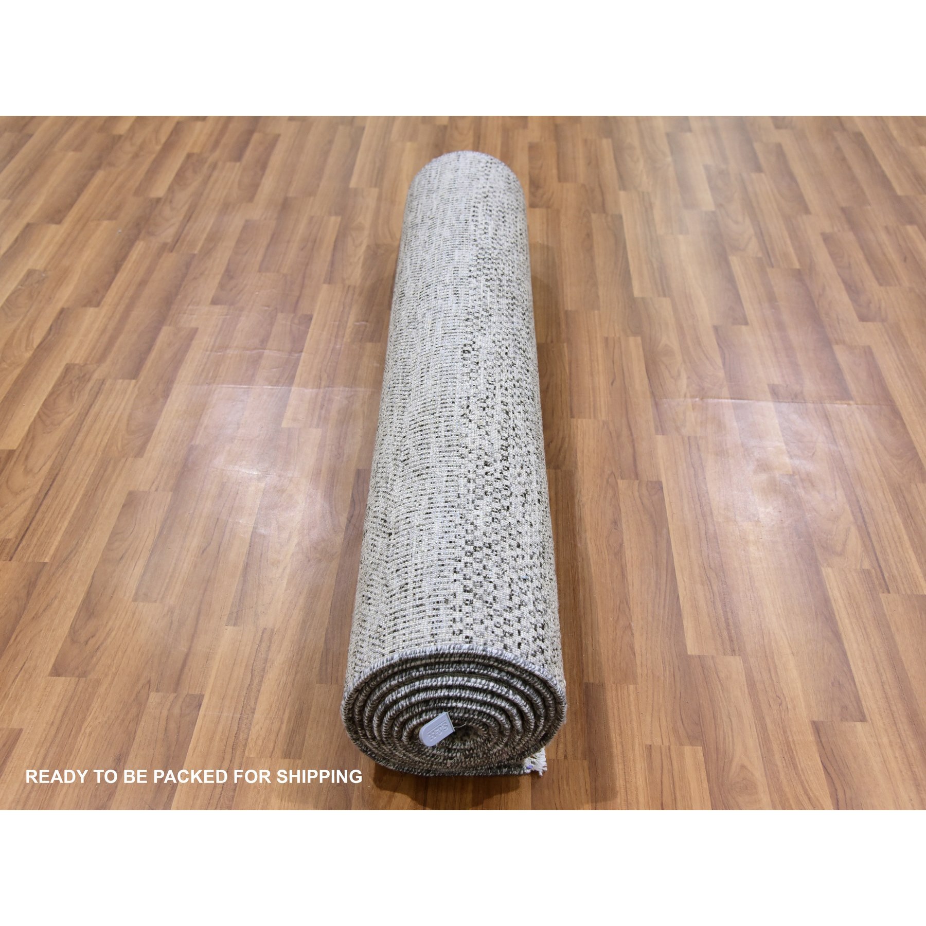 4'1"x12'1" Metallic Gray, Pure Undyed Wool, Tone on Tone, Modern Grass Design, Hand Knotted, Wide Runner Oriental Rug HR79569 - Image 5