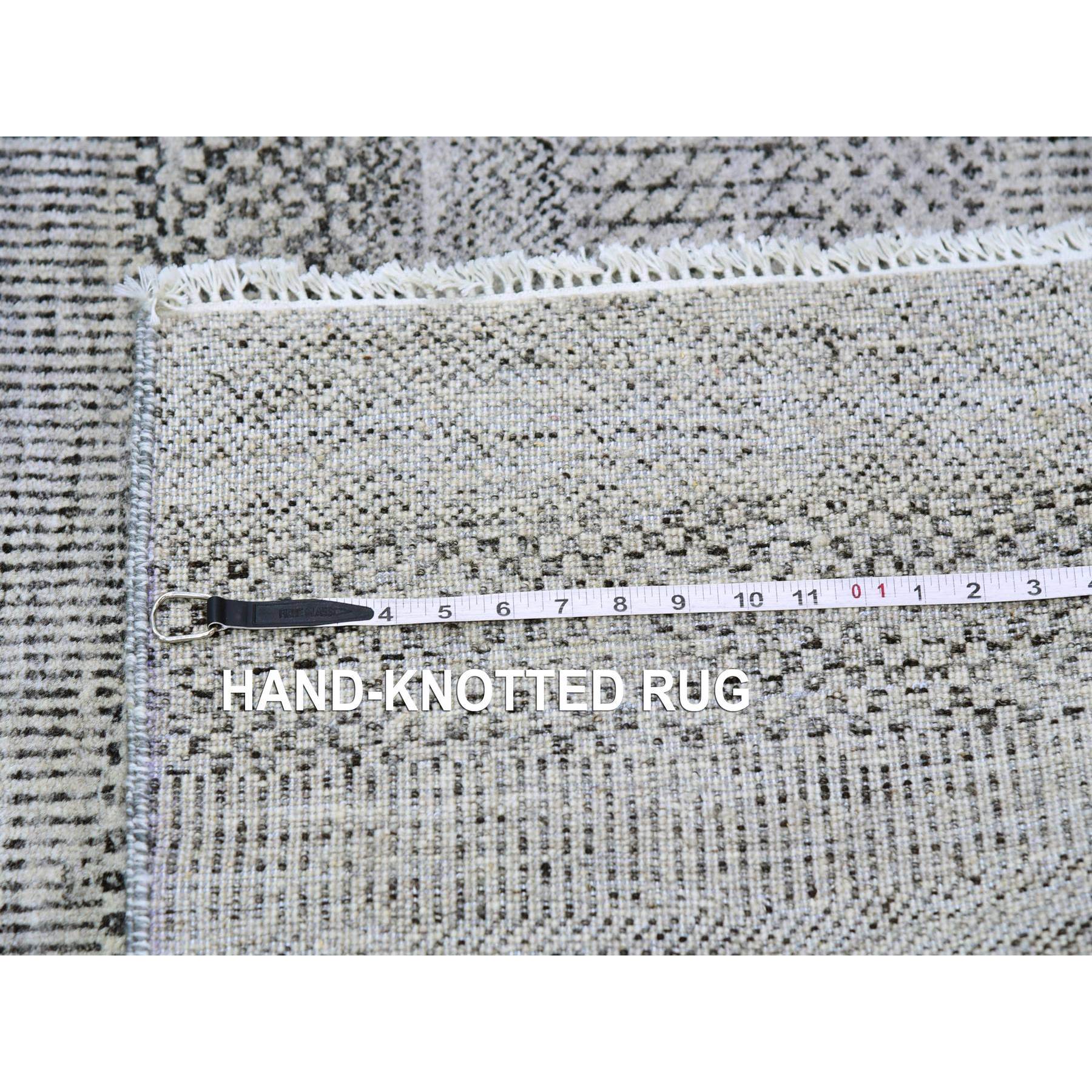 4'1"x12'1" Metallic Gray, Pure Undyed Wool, Tone on Tone, Modern Grass Design, Hand Knotted, Wide Runner Oriental Rug HR79569 - Image 7