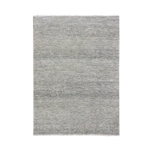 4'2"x6'1" Solid Gray, 100% Undyed Wool, Modern Hand Knotted Grass Design, Tone on Tone, Oriental Rug HR79576