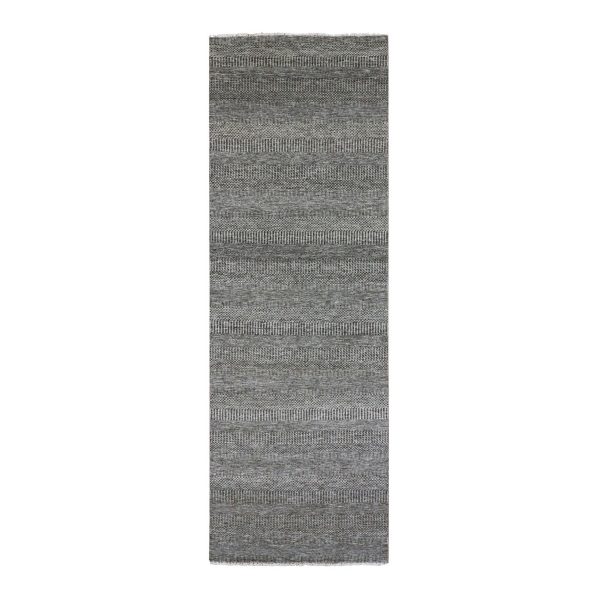 4'1"x12'1" Battleship Gray, Modern Grass Design, Tone on Tone, Undyed 100% Wool, Hand Knotted, Wide Runner Oriental Rug  HR79596