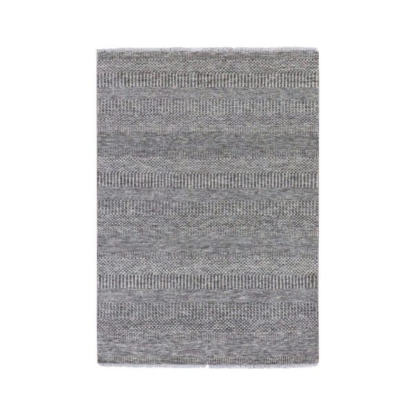 4'x6'6" Dark Gray, Hand Knotted, Modern Grass Design, Natural Undyed Wool, Oriental Rug HR79597