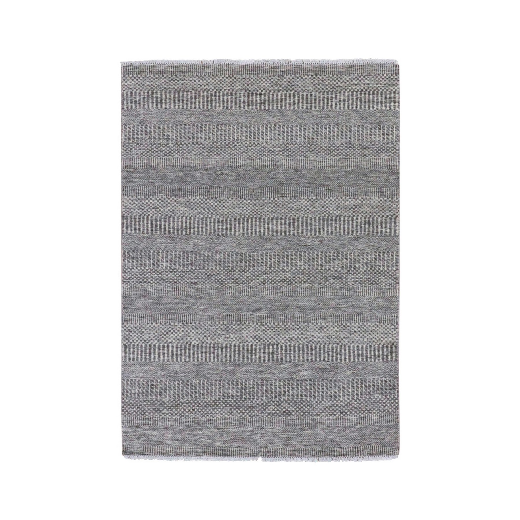 4'x6'6" Dark Gray, Hand Knotted, Modern Grass Design, Natural Undyed Wool, Oriental Rug HR79597