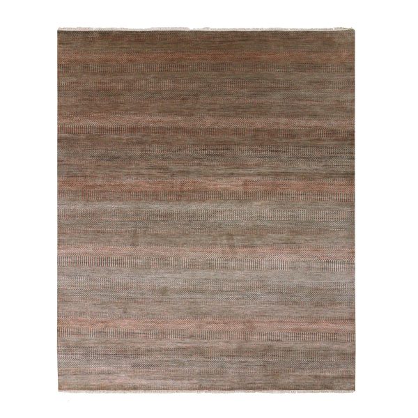 8'1"x10'2" Rust Brown, Modern Grass Design, Soft Pile,  Dense Weave, Tone on Tone, Wool and Silk Hand Knotted, Oriental Rug HR79617