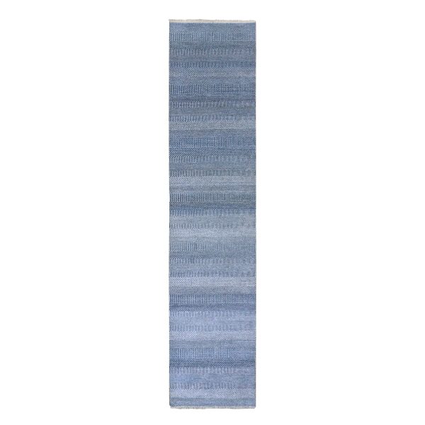 2'7"x12' Penn Blue, Modern Grass Design, Soft Pile, Dense Weave, Tone on Tone, Wool and Silk, Hand Knotted Runner Oriental Rug HR79624