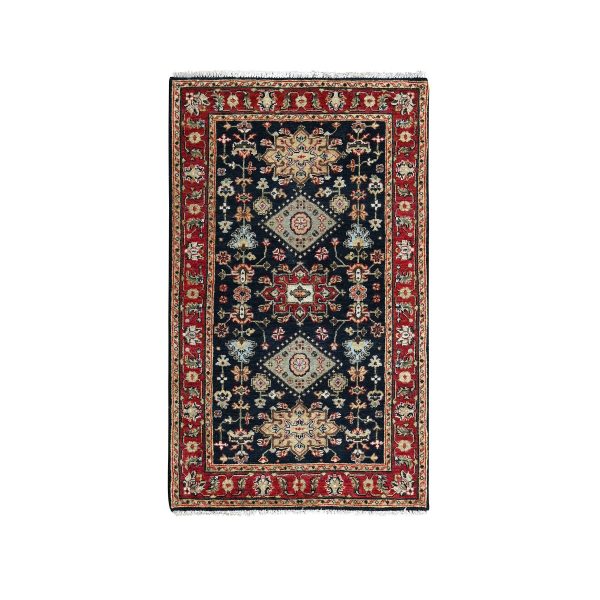 3'2"x5' Denim Black, Karajeh Design with All Over Pattern, Vegetable Dyes, Soft Pile, Pure Wool, Hand Knotted, Oriental Rug HR84662