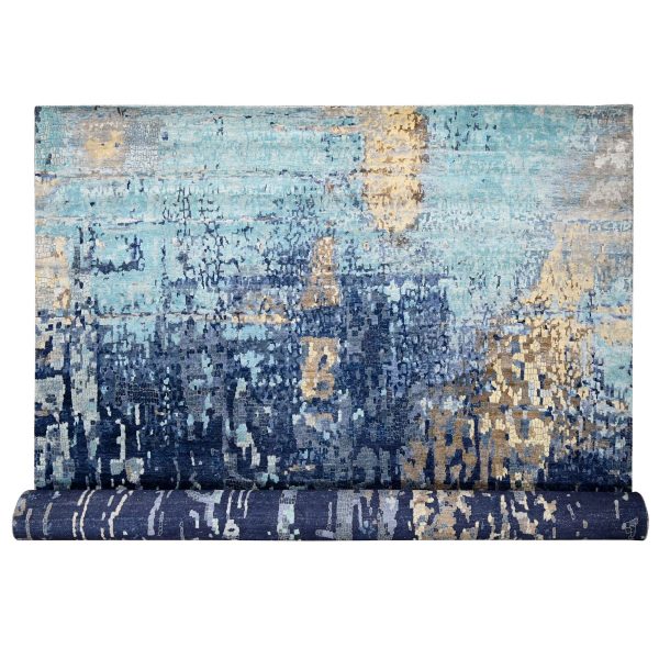 13'9"x17'9" Space Cadet Blue, Mosaic Design, Wool and Silk, Hand Knotted, Oversized Oriental Rug HR84680