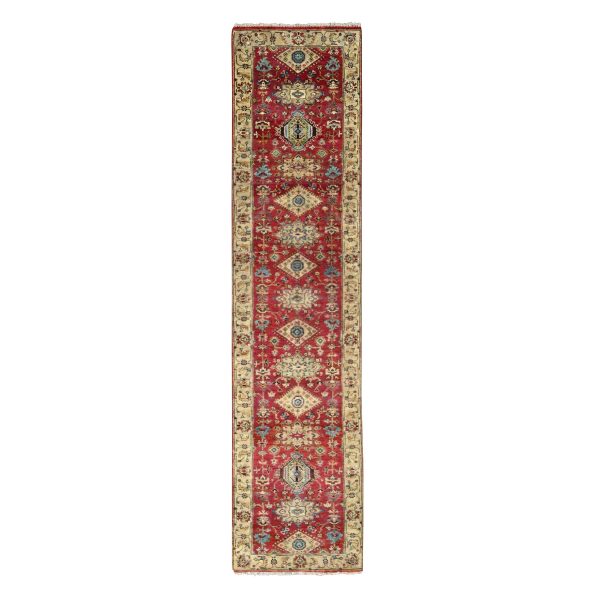 2'7"x12' Fire Brick Red, Karajeh with Geometric Medallions Design, Pure Wool, Hand Knotted, Runner Oriental Rug HR84684