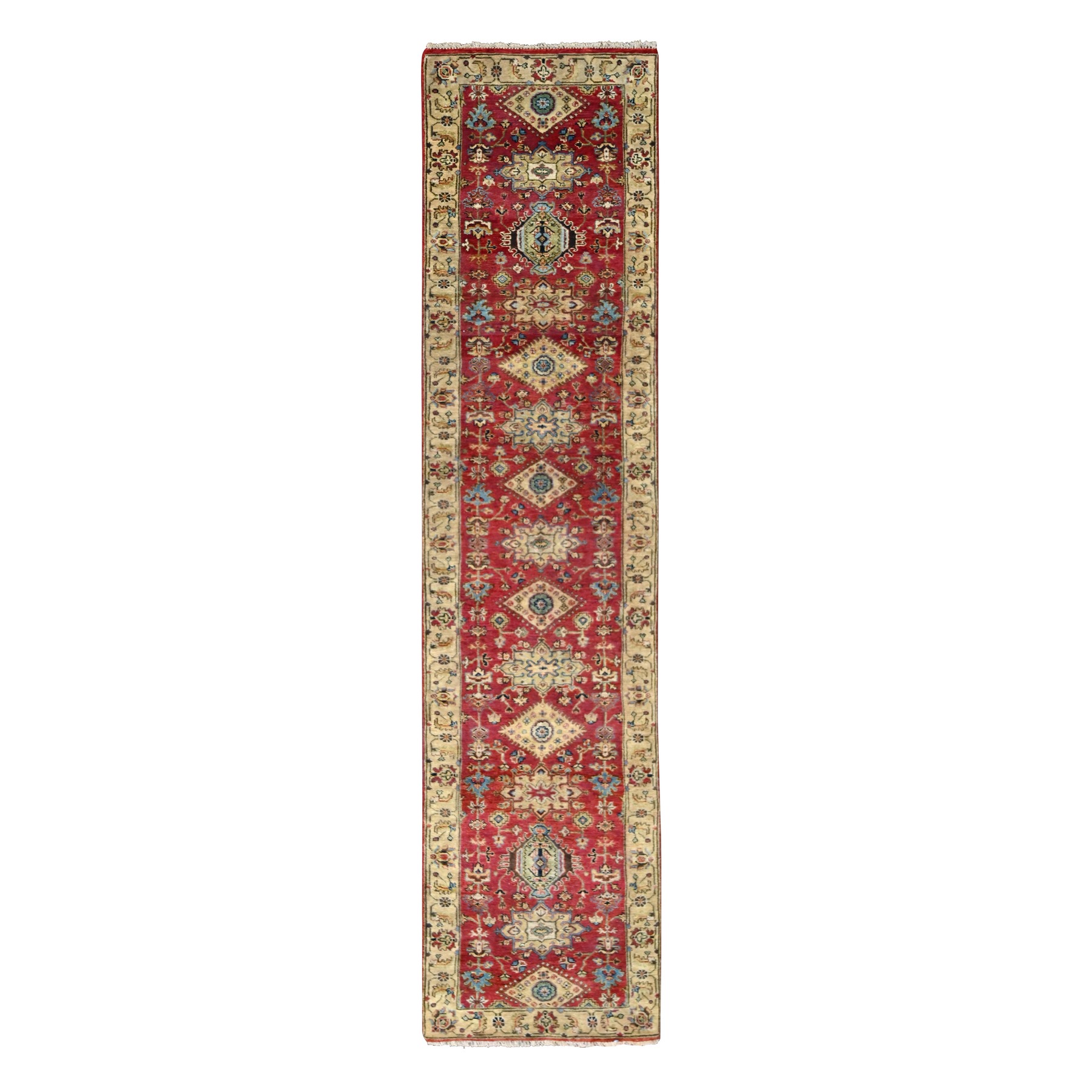 2'7"x12' Fire Brick Red, Karajeh with Geometric Medallions Design, Pure Wool, Hand Knotted, Runner Oriental Rug HR84684
