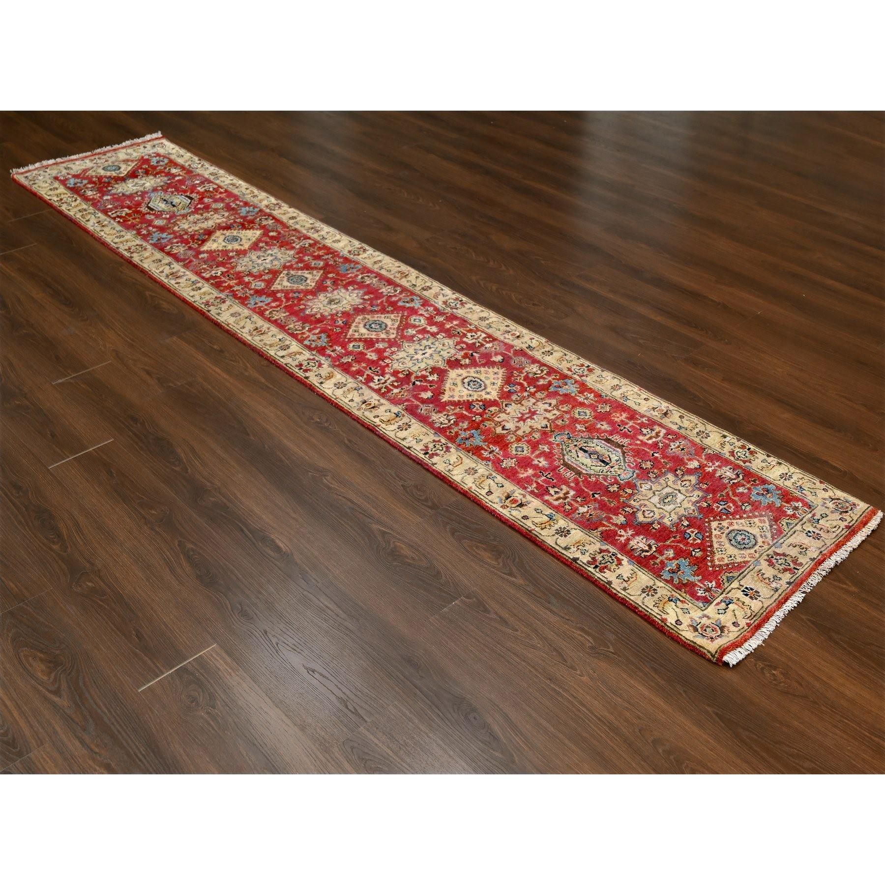 2'7"x12' Fire Brick Red, Karajeh with Geometric Medallions Design, Pure Wool, Hand Knotted, Runner Oriental Rug HR84684 - Image 2
