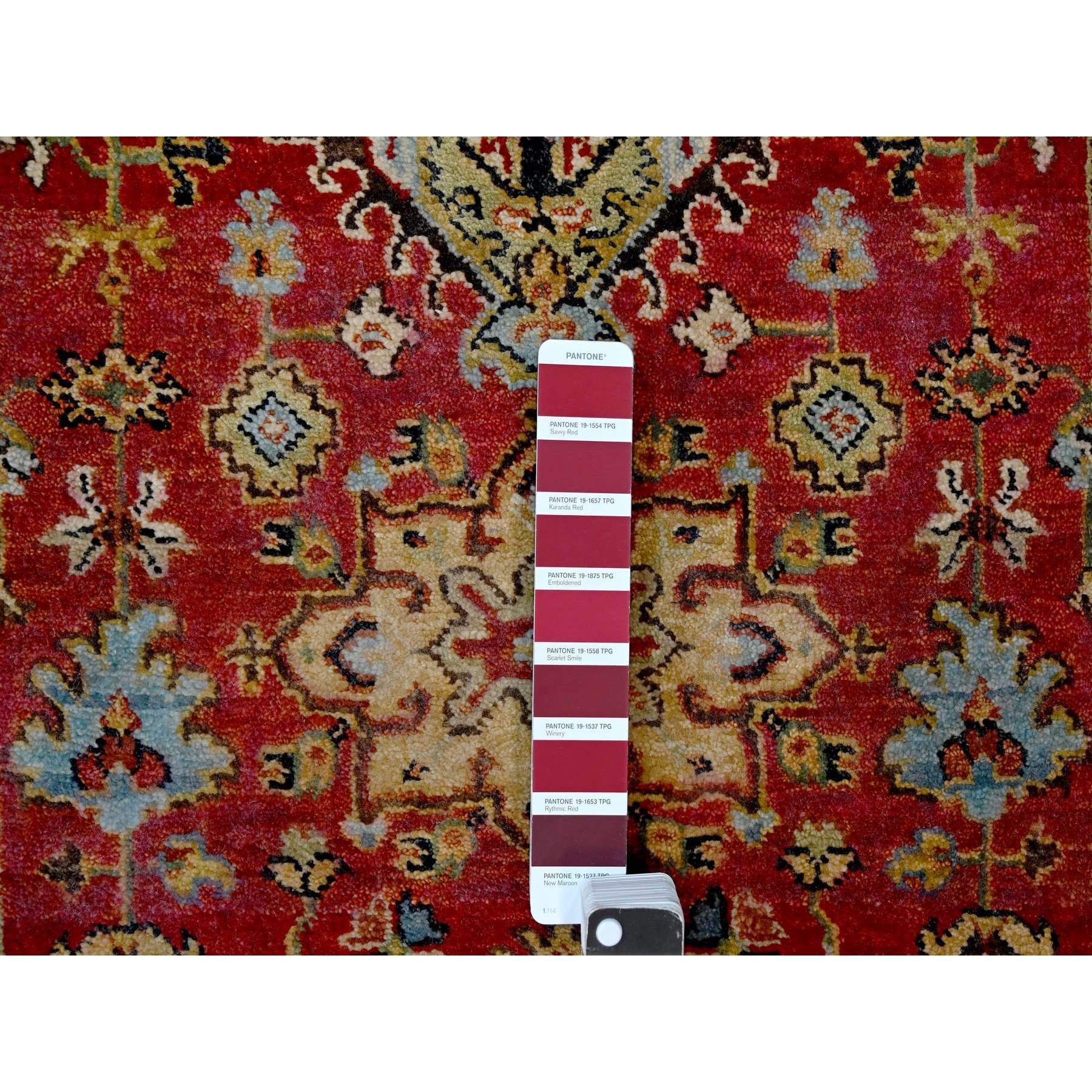 2'7"x12' Fire Brick Red, Karajeh with Geometric Medallions Design, Pure Wool, Hand Knotted, Runner Oriental Rug HR84684 - Image 4
