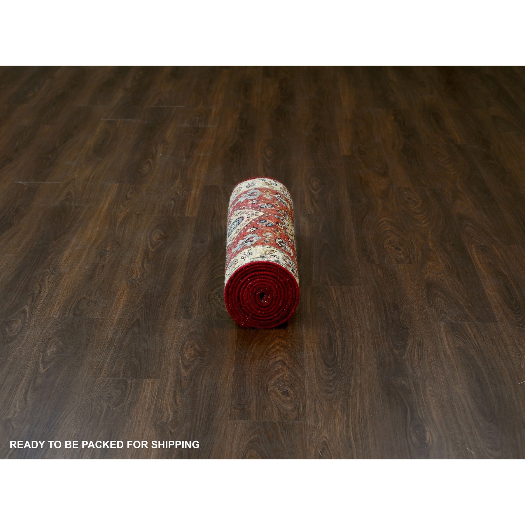 2'7"x12' Fire Brick Red, Karajeh with Geometric Medallions Design, Pure Wool, Hand Knotted, Runner Oriental Rug HR84684 - Image 6