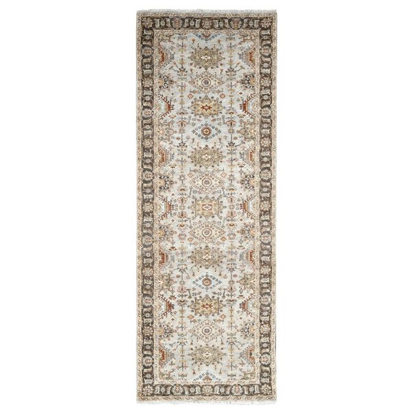 4'2"x12' Goose Gray, Pure Wool, Hand Knotted, Karajeh Design with Tribal Medallions, Wide Runner Oriental Rug HR84691