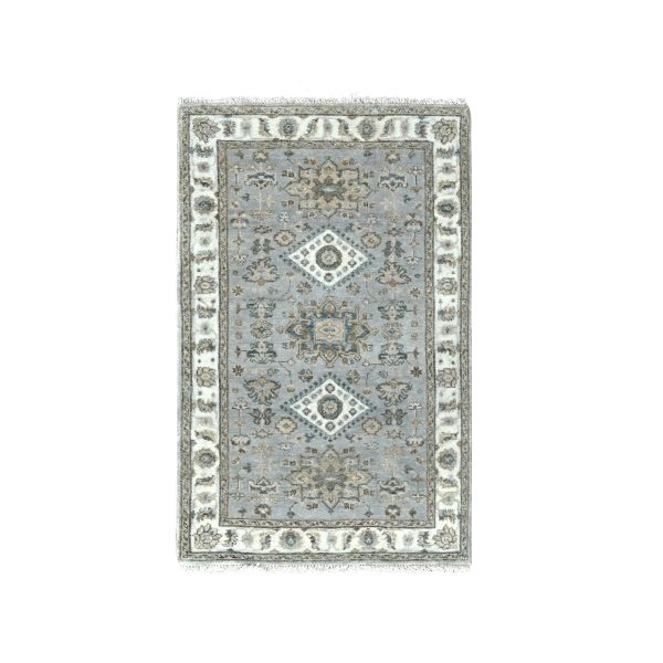 3'1"x5' Medium Gray, Hand Knotted, Karajeh and Geometric Design, Organic Wool, Oriental Rug HR84702