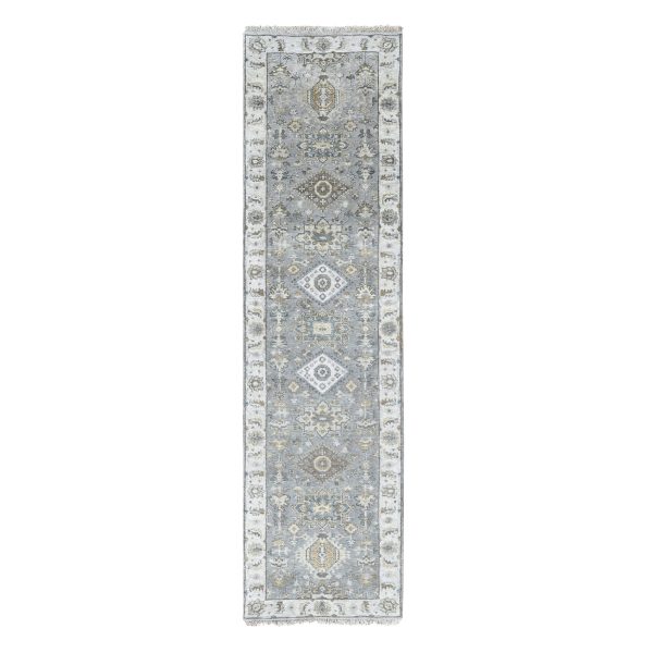 2'7"x10' Medium Gray, Karajeh and Geometric Design, Natural Wool, Hand Knotted, Runner Oriental Rug HR84712